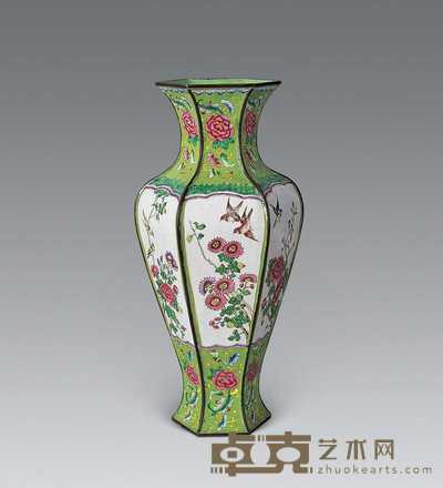 清 铜胎珐琅彩六角花鸟瓶 高33.5cm